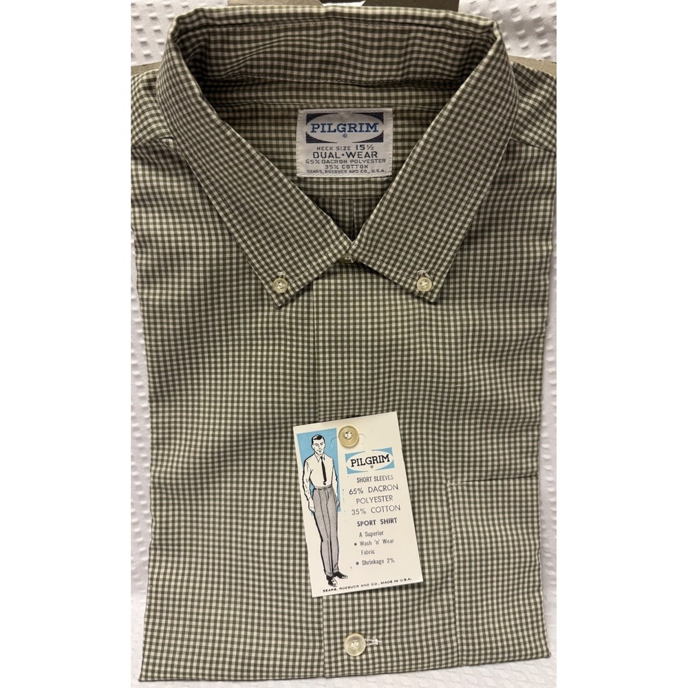 Vintage 1960s Pilgram (Sears) Olive Green White Gingham SZ 15.5 Dacron Cotton